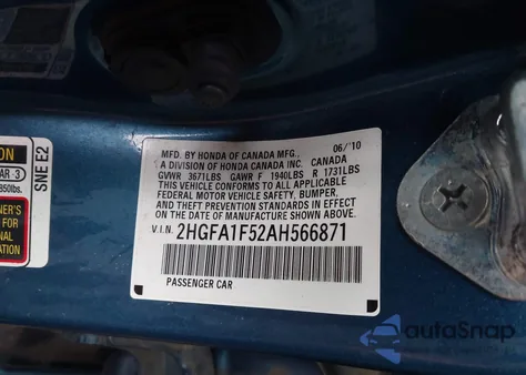 2010 Honda Civic Lx из США, поврежденный, VIN 2HGFA1F52AH566871